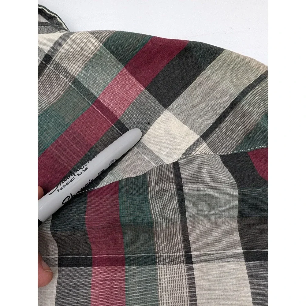 Ely Plains Vintage Western Pearl Snap Plaid Shirt Burgundy Green Mens 16.5 x‎ 34